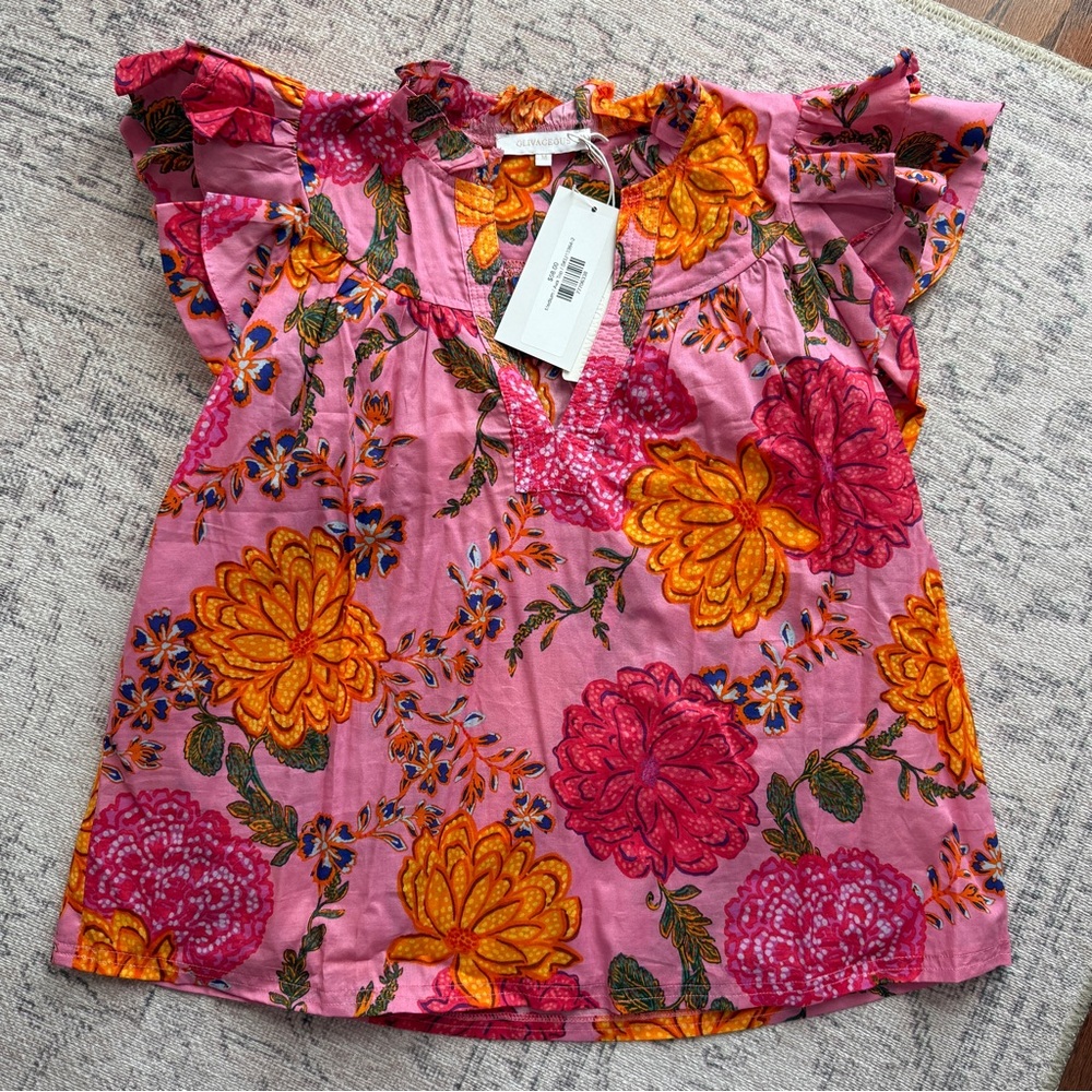 Olivaceous Pink Floral Blouse with Orange Accents